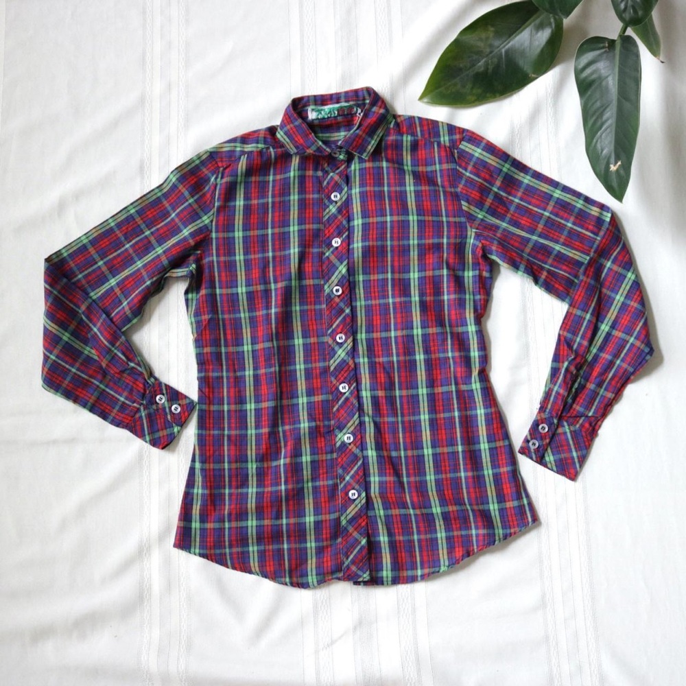 Purple plaid long sleeve button down shirt